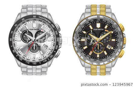 Realistic clock watch chronograph silver black gold luxury collection for men business on white background vector 123945967