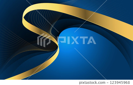 Abstract gold line ribbon curve overlap on blue fabric wave design modern luxury elegant background vector 123945968