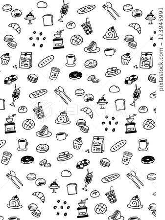 Cute hand drawn cafe icon monochrome background pattern 123945991