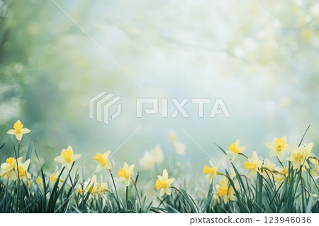 A cluster of yellow daffodils glowing in a tranquil meadow, set against a soft focus green background, embodying the calmness and vitality of nature in spring 123946036
