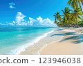 Panoramic view of a tropical beach with turquoise water, white sand, and palm trees under a bright blue sky 123946038