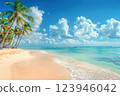 Panoramic view of a tropical beach with turquoise water, white sand, and palm trees under a bright blue sky 123946042