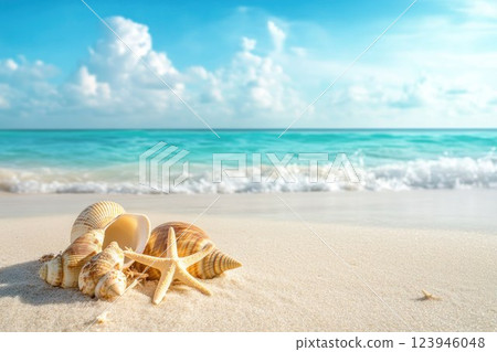 Seashells and starfish on white sandy beach with turquoise waves and blue sky in the background 123946048