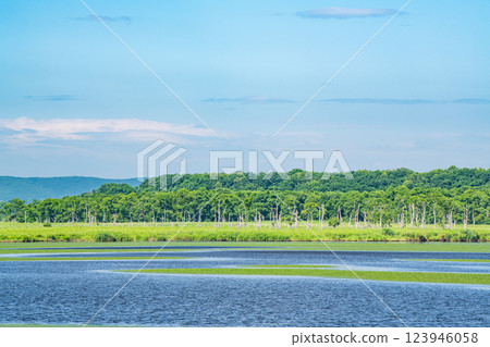 北海道某處，美麗的湖泊（沼澤）和藍天（自然圖像） 123946058