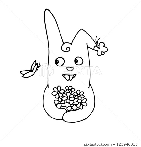 A cute doodle style rabbit with bouquet of flowers and butterfly, simple vector illustration for decoration A cute doodle style rabbit with bouquet of flowers and butterfly, simple vector illustration for decoration 123946315