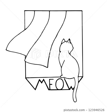 The cat is sitting on the windowsill of open window and the wind is playing with curtains, sketch illustration 123946526