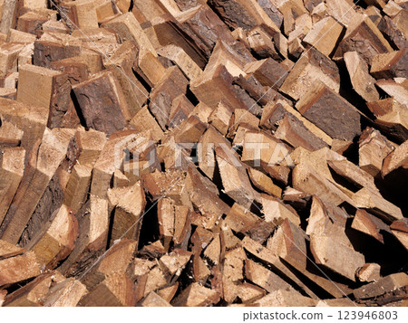 Pieces of firewood stacked together in a neat arrangement outdoors Pieces of firewood stacked together in a neat arrangement outdoors 123946803