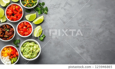 Colorful taco-building spread with fresh guacamole 123946865