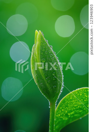 Fresh green bud covered in dewdrops 123946903