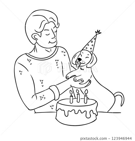 Man celebrating his dogs birthday Man celebrating his dogs birthday 123946944