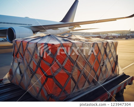 Aviation Logistics Scene with Freight Container and Airplane at Golden Hour 123947304