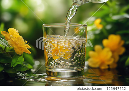 Refreshing Water Drink with Yellow Blossoms and Fresh Green Foliage in the Background 123947312