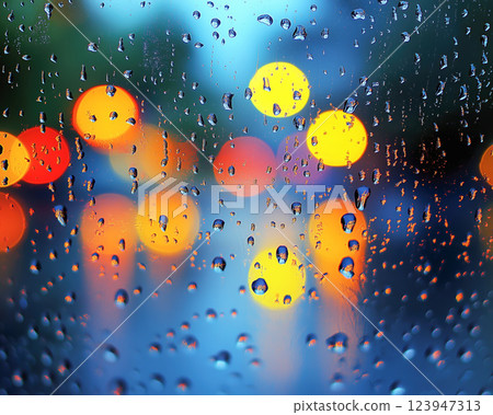 Rainy Window with Colorful Bokeh Lights Creating a Moody and Artistic Atmosphere Rainy Window with Colorful Bokeh Lights Creating a Moody and Artistic Atmosphere 123947313