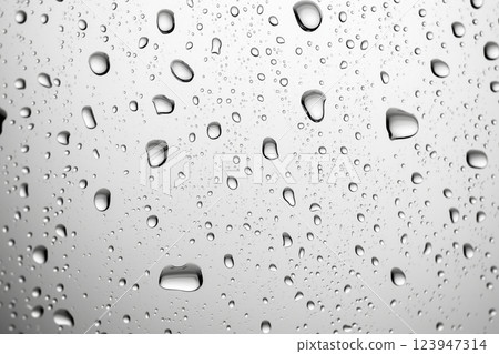 Water Droplets on Glass with a Neutral Background for Abstract, Textured, and Wet Themes 123947314