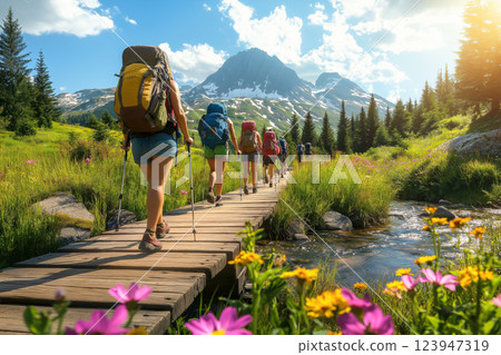 Hikers in Mountains. Trekking on Trail with Backpacks 123947319