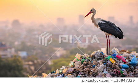 Stork on Garbage Pile with Urban Skyline at Sunset - Environmental Pollution Concept 123947329