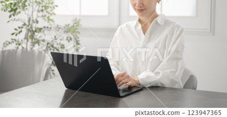 經營個人電腦的中年婦女 經營個人電腦的中年婦女 123947365