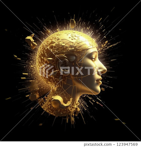 A shining profile of a woman's face.  Creative gold profile on black background.  AI generated. 123947569