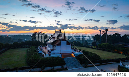 Aerial view of scenery Wat Baan Khan Temple at twilight Aerial view of scenery Wat Baan Khan Temple at twilight 123947618