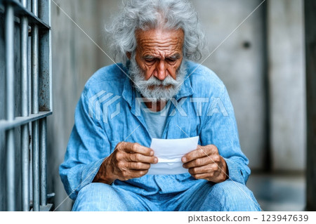 Elderly prisoner reflects on a letter while sitting on a bunk in a dimly lit cell 123947639