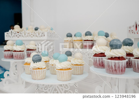 Dessert on the table. Desserts with fruits, mousse, cookies 123948196