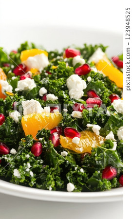 kale salad with pomegranate seeds, goat cheese, and citrus dressing, isolated on a white background, showcasing fresh ingredients and vibrant colors, concept of healthy food, organic nutrition, diet 123948525
