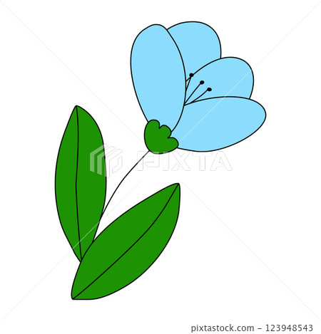 Light blue decorative flower blooming with green leaves Light blue decorative flower blooming with green leaves 123948543