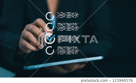 Audit business concept, Checklist and filling survey form online, Compliance with internal organization financial services regulation, Examination for business and financial management. Audit business concept, Checklist and filling survey form online, Compliance with internal organization financial services regulation, Examination for business and financial management. 123948576