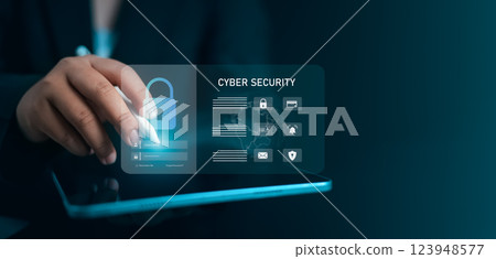 Cybersecurity and privacy concepts to protect data. Human use stylus pen with cyber security technology for protecting personal data and secure internet access, Firewall security, Data protection. Cybersecurity and privacy concepts to protect data. Human use stylus pen with cyber security technology for protecting personal data and secure internet access, Firewall security, Data protection. 123948577