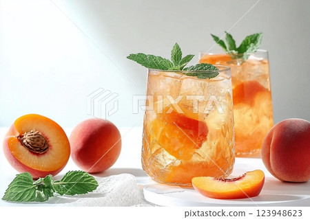 Ice peach tea or cocktail with mint and apricots, a recipe for a refreshing summer drink. Two glasses with peach fruit lemonade on light table, detox diet and weight loss concept, menu for restaurant 123948623