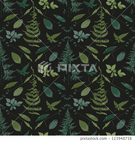 Seamless pattern with dry herbs and leaves on black background. Wild field and forest plants wallpaper. Boho botanical texture 123948716