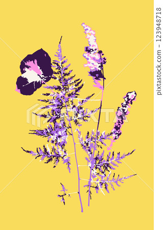 Abstract minimalist floral card with leaves and flowers. Vertical background with modern whimsical botanical design 123948718