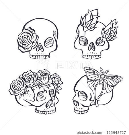 Hand drawn black outline floral human skulls with rose wreaths and butterflies bundle isolated on white Hand drawn black outline floral human skulls with rose wreaths and butterflies bundle isolated on white 123948727