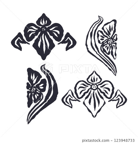 Set of black abstract inky flowers and leaves isolated on white Set of black abstract inky flowers and leaves isolated on white 123948733