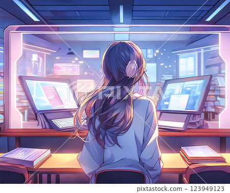 Students studying while looking at a hologram display Female high school student Students studying while looking at a hologram display Female high school student 123949123