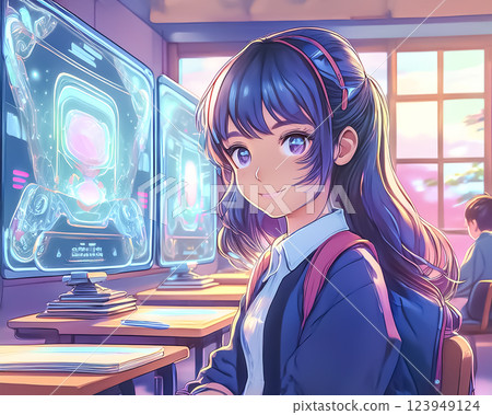 Students studying while looking at a hologram display Female high school student 123949124