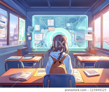 Students studying while looking at a hologram display Female high school student Students studying while looking at a hologram display Female high school student 123949125