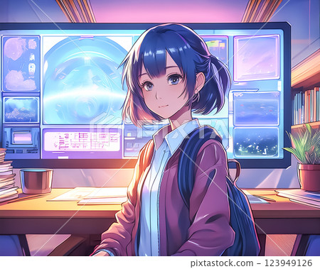 學生一邊觀看全息圖一邊學習 女高中生 學生一邊觀看全息圖一邊學習 女高中生 123949126