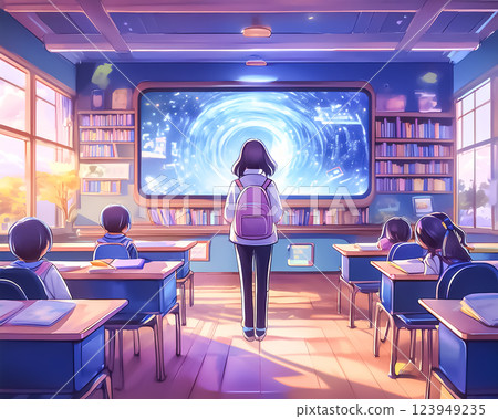 學生一邊觀看全息圖一邊學習 女高中生 123949235
