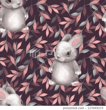 Seamless pattern with cute hand-drawn rabbits and leaves. Cute floral bunny illustration. Adorable hare springtime background. 123949255