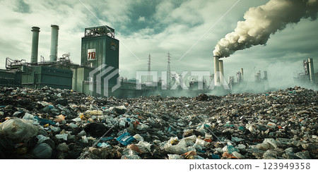 A futuristic waste-to-energy plant converting trash into clean energy, with industrial chimneys emitting minimal smoke under a cloudy sky, symbolizing sustainability and innovation. 123949358