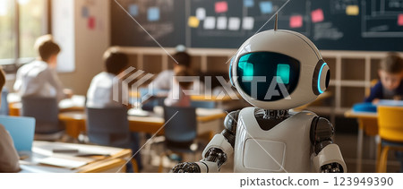 A futuristic classroom featuring a robotic teacher interacting with students, symbolizing the integration of artificial intelligence and education in a high-tech learning environment. 123949390