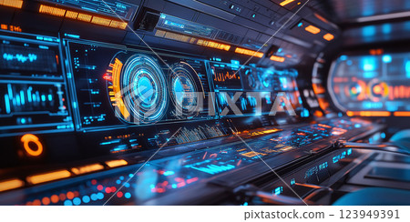 A high-tech command center with holographic dashboards and glowing blue interfaces, designed for futuristic operations, data analysis, and advanced communication. 123949391