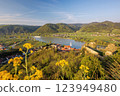 Durnstein village with Danube river during spring time in Wachau, Austria 123949480