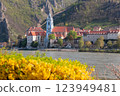 Durnstein village with Danube river during spring time in Wachau, Austria 123949481