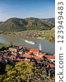 Durnstein village with ship on Danube river during spring time in Wachau, Austria 123949483