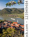 Durnstein village with ship on Danube river during spring time in Wachau, Austria 123949484