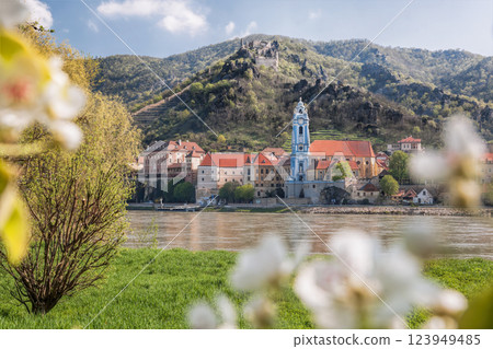 Durnstein village with Danube river during spring time in Wachau, Austria 123949485