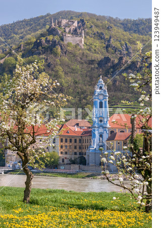 Durnstein village with Danube river during spring time in Wachau, Austria 123949487