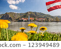 Durnstein village with Austrian flag during spring time in Wachau, Austria 123949489